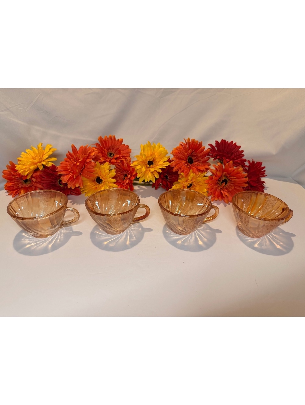 Vintage Amber Carnival Glass Set of 4 Marigold Swirl Optic Coffee Tea Cups